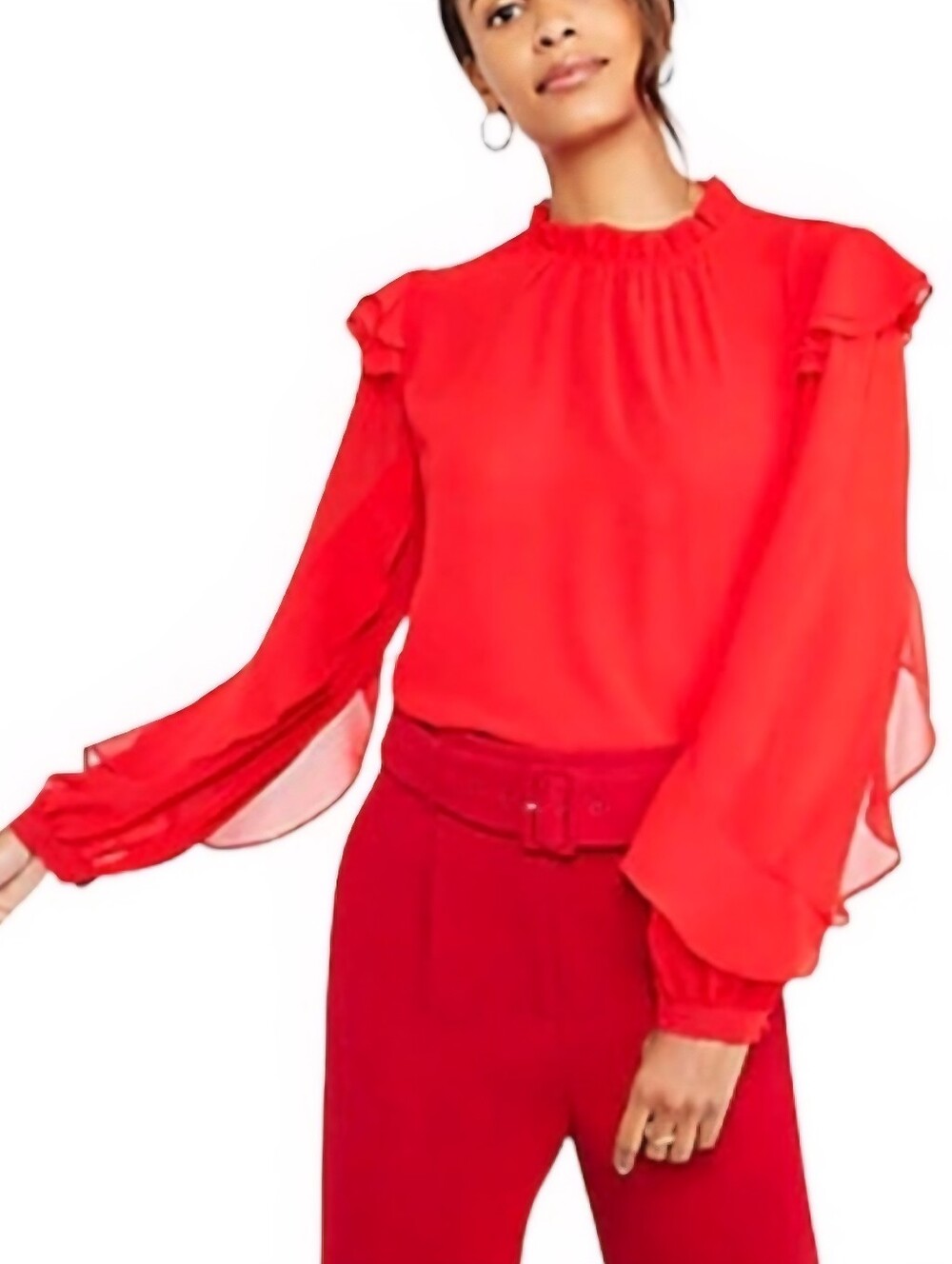 Ann Taylor Red Ruffle Long Sleeve Mock Neck Blouse Top XS Lightweight Flowy EUC